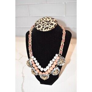 Statement Necklace Gold tone accents beads rhinestones chain ribbon lucite max